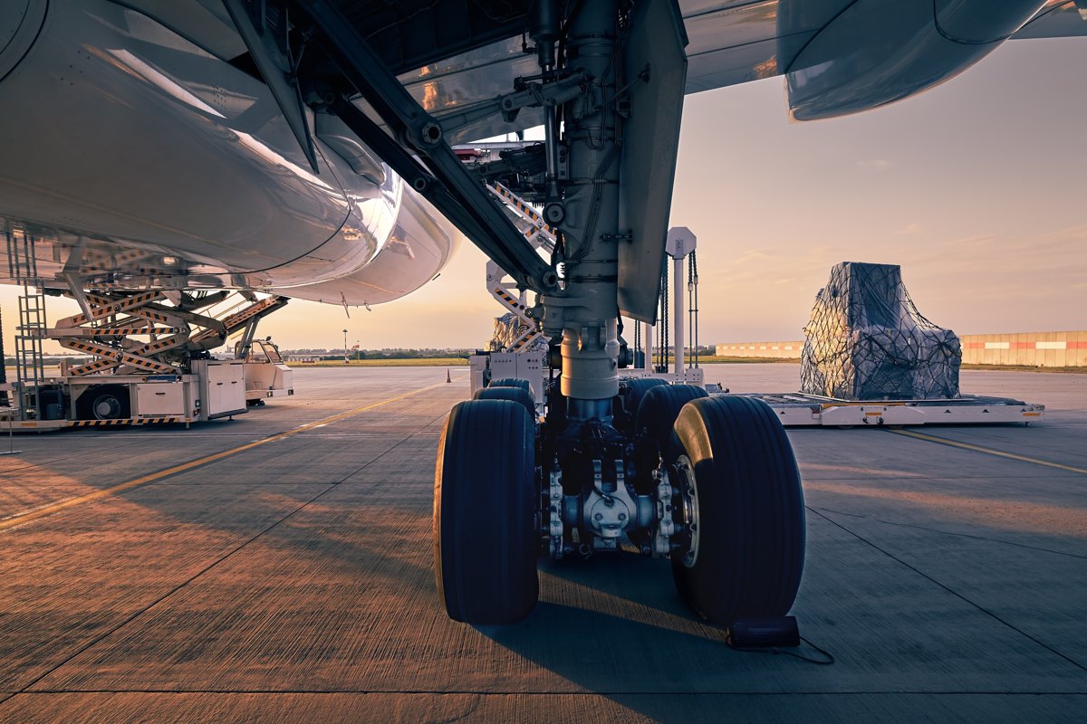Aircraft landing gear beside cargo pallets on an airport apron.