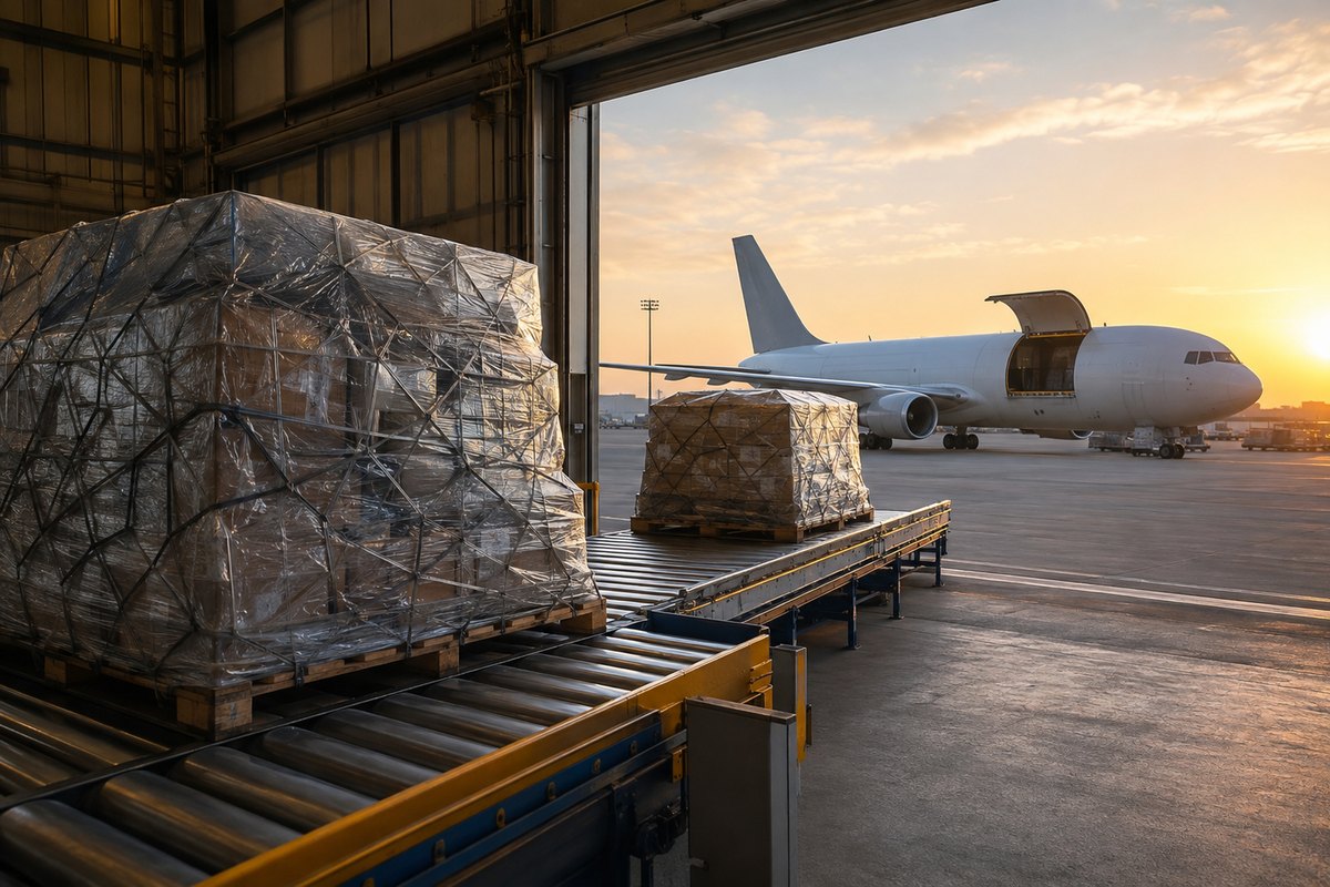 Cargo plane loading palletized freight at airport during sunset