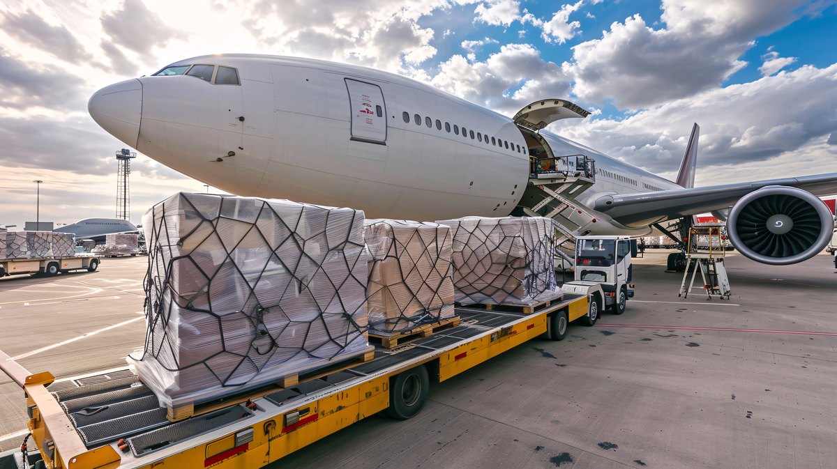 Cargo plane loading on runway with packages