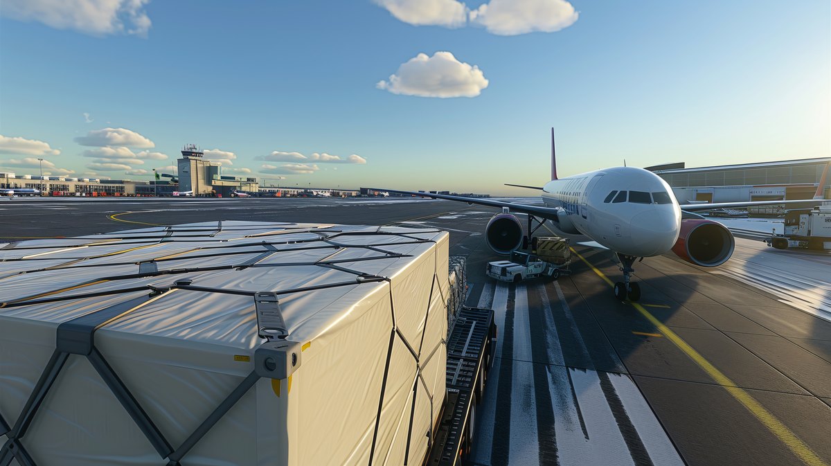 Cargo plane loading on runway with packages