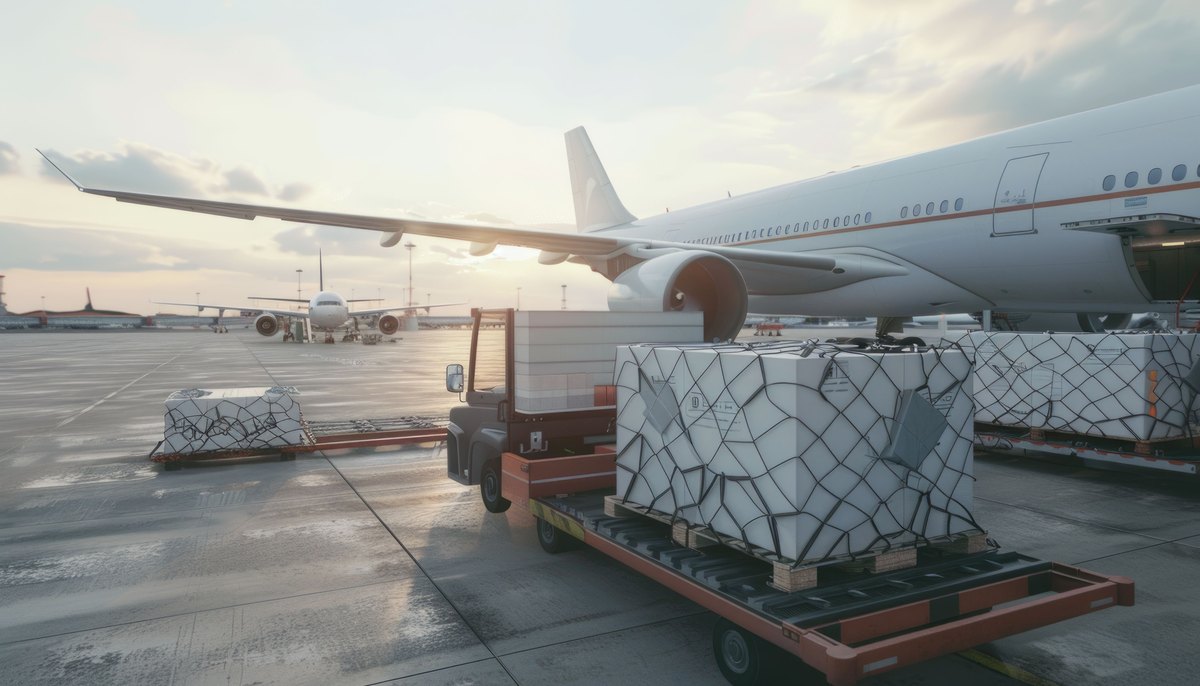 Airport cargo transportation with truck and airplane at sunset