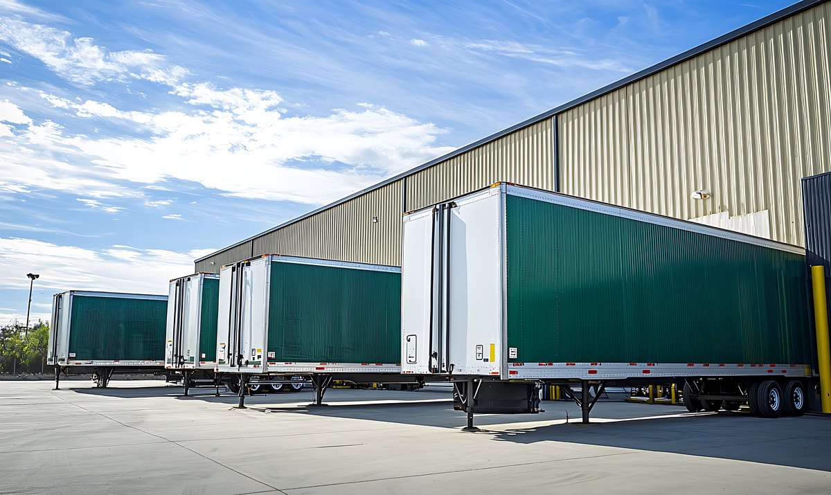 Semi-truck trailers parked at warehouse loading dock
