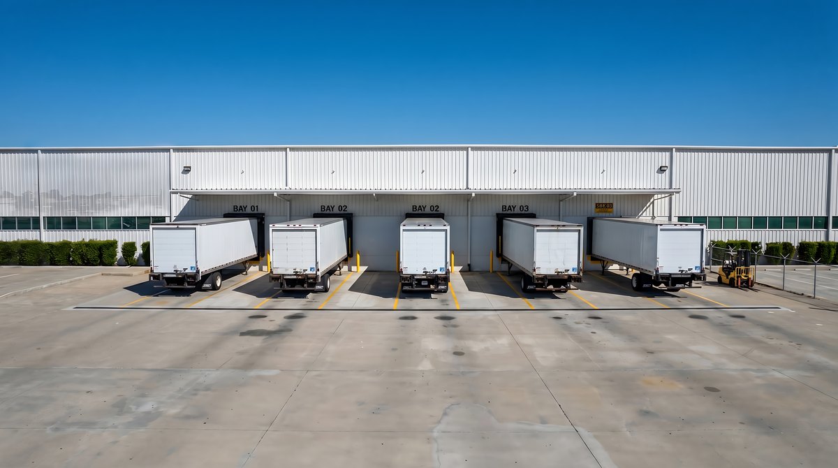 Warehouse loading dock with parked trucks
