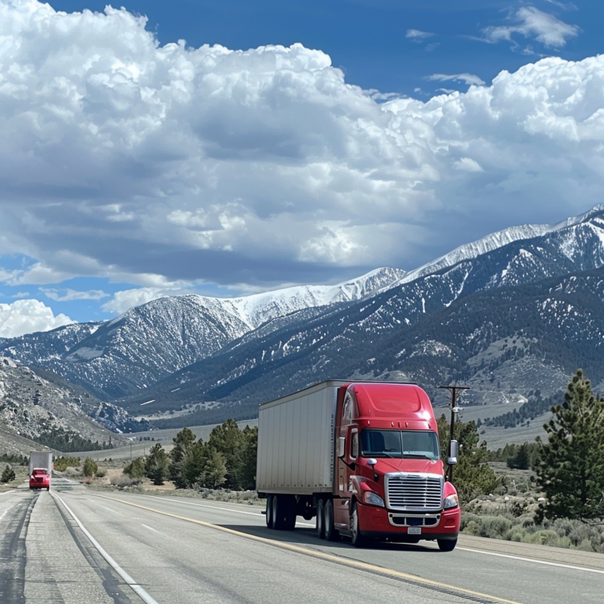 A red truck driving on a road with mountains