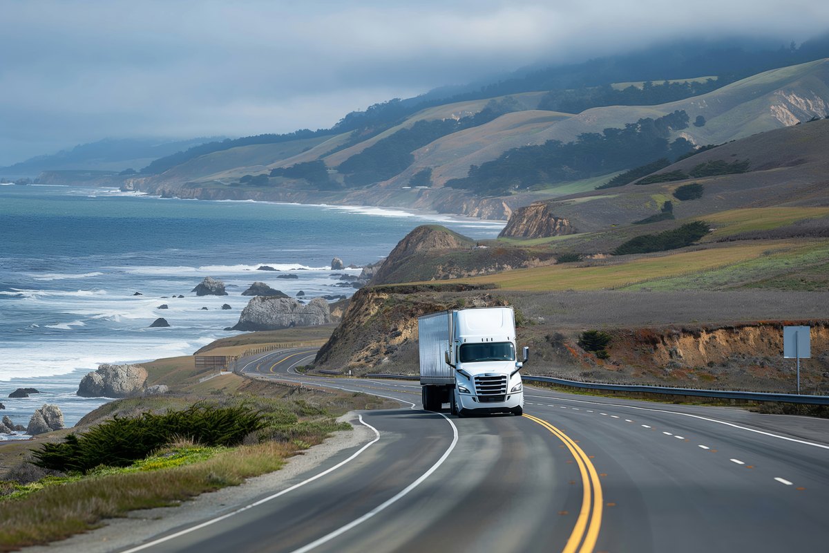 White semi truck driving on a scenic coastal road with ocean backdrop