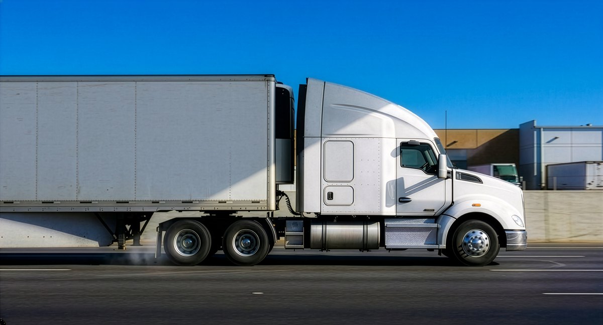 White semi-truck with trailer driving on highway