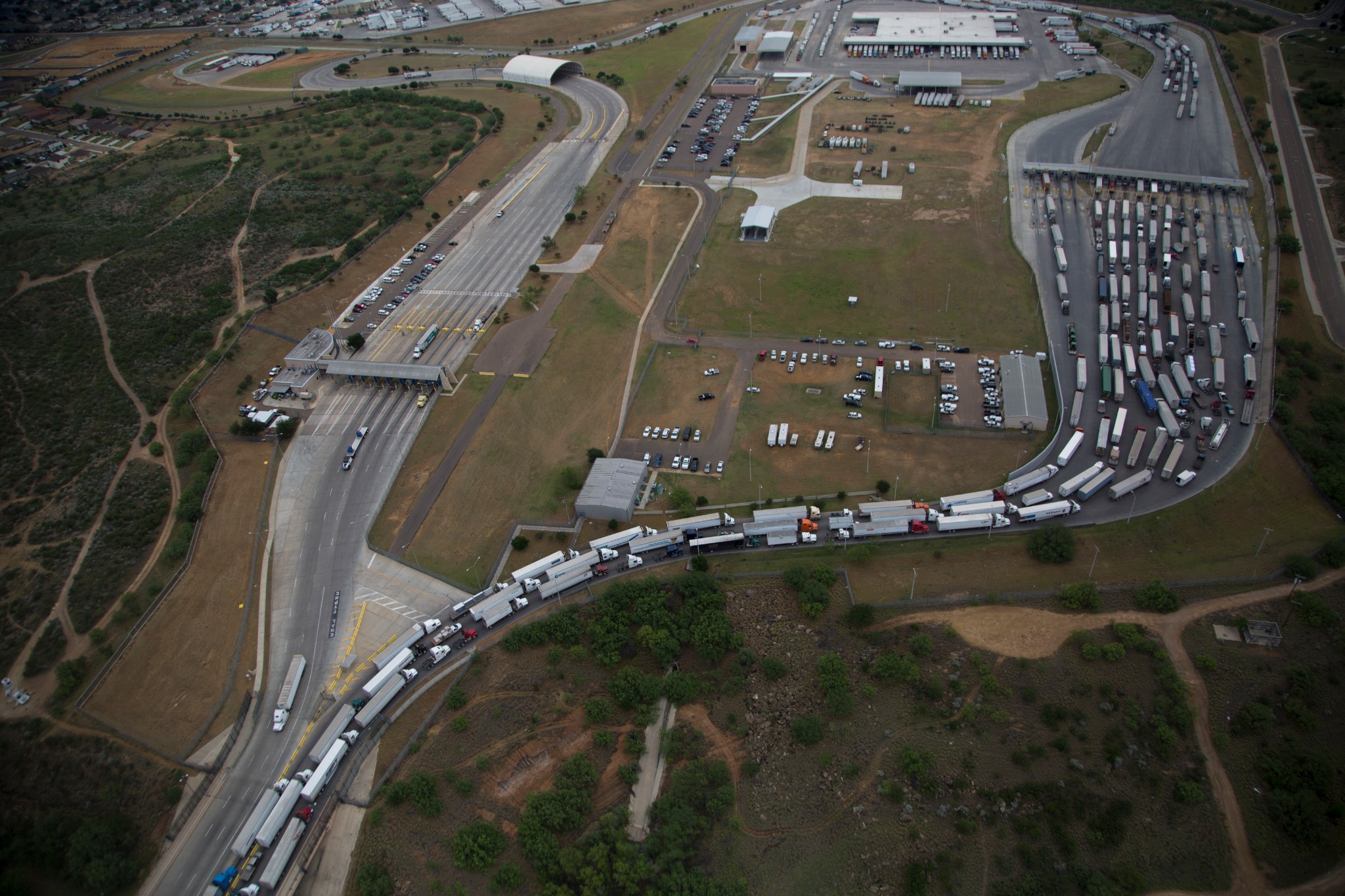 Commercial trucks at the World Trade border crossing in Laredo